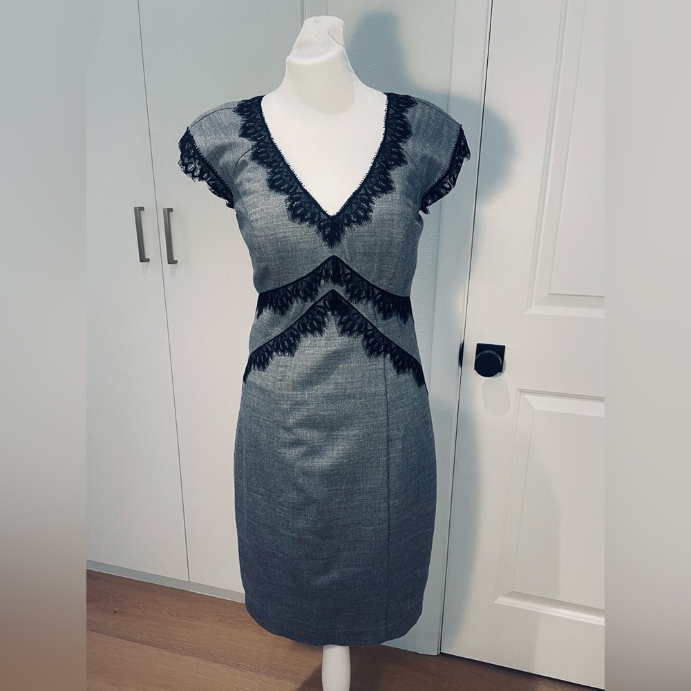 Rebecca Taylor Gray V-Neck fitted Midi Dress